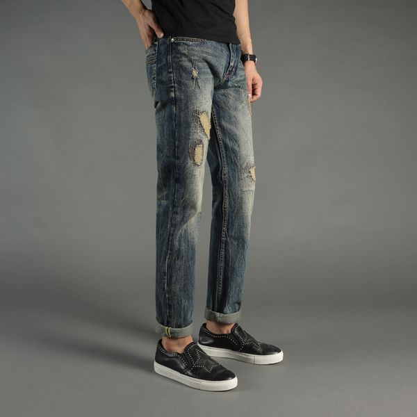 

retro design fashion mens jeans pants slim fit denim ripped jeans for men brand frayed hole patckwork biker men, Blue