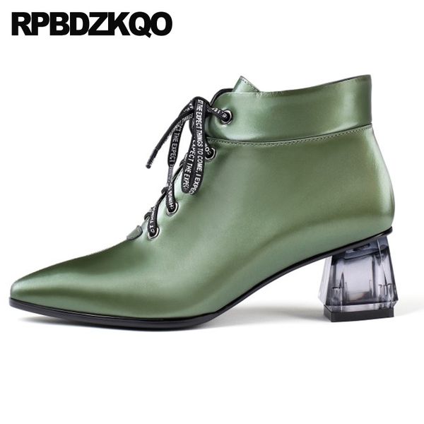 

big size lace up 10 plus designer thick block shoes fall green chunky booties high heel pointed toe women ankle boots medium, Black