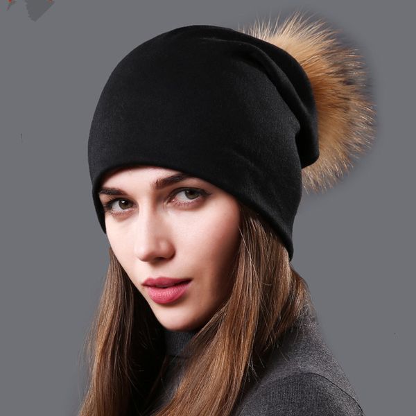 

nuzada зимняя шапка женщины реальный мех pom pom hat хлопок вязаные шапки двойной ткани теплые шапочки шляпа леди мода лыжные шапки mx191116, Blue;gray