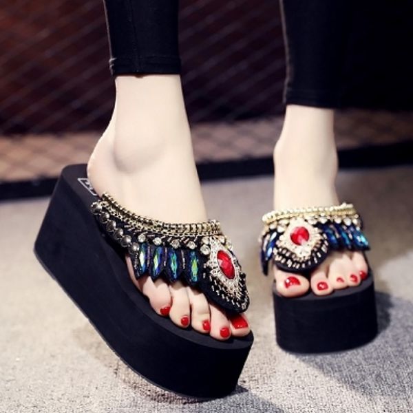

fashion wedge flip flops women 2020 newly peacock blue diamond slipper 6cm thick bottom women platform slippers beach shoes, Black