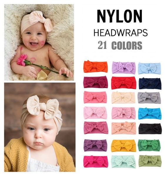 

21 colors big bows nylon headbands baby girls soft elastic nylon head bands candy colors knot bow turban head wraps hair bands, Slivery;white