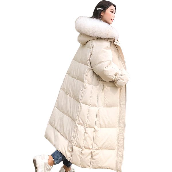 

long white duck down parka coat female winter new warm down jacket coat womens big fur collar hooded coats ladies overcoat, Black