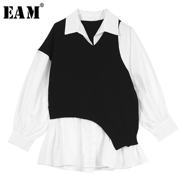 

women's blouses & shirts [eam] women black knitting spliced pleated blouse lapel long sleeve loose fit shirt fashion tide spring autumn, White