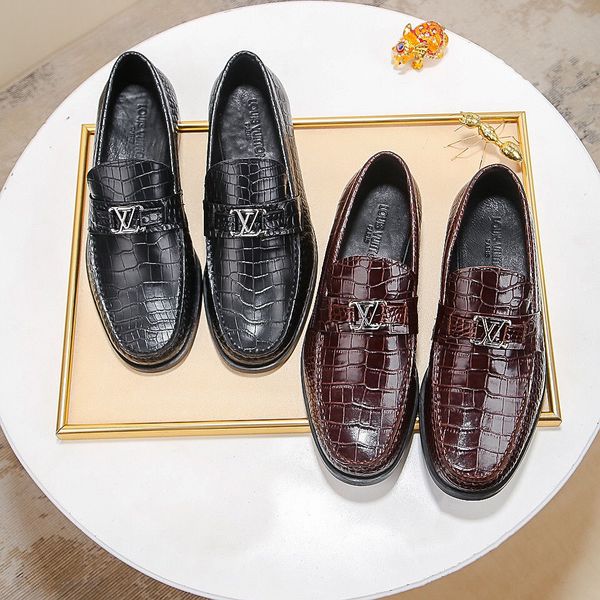 

2019 fashion men's genuine leather loafers luxury pointed toe men formal business dress shoes slip-on men wedding shoes, Black