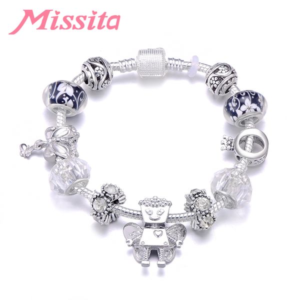 

missita 2019 new bella robot charm bracelet butterfly beads bracelets for women anniversary brand gift dropshipping, Golden;silver