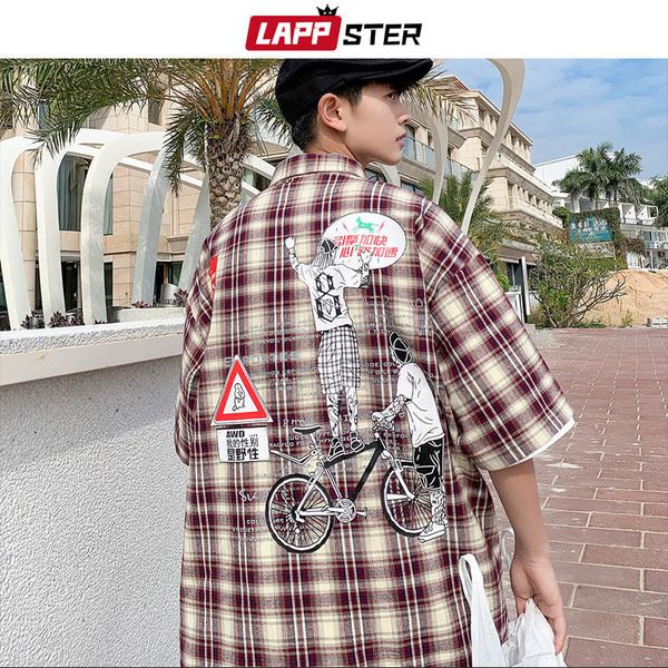 

мужчины streetwear клетчатые рубашки с коротким рукавом 2019 летняя мужская мода корейский моды рубашки мужчина кнопка конструктора рубашка, White;black