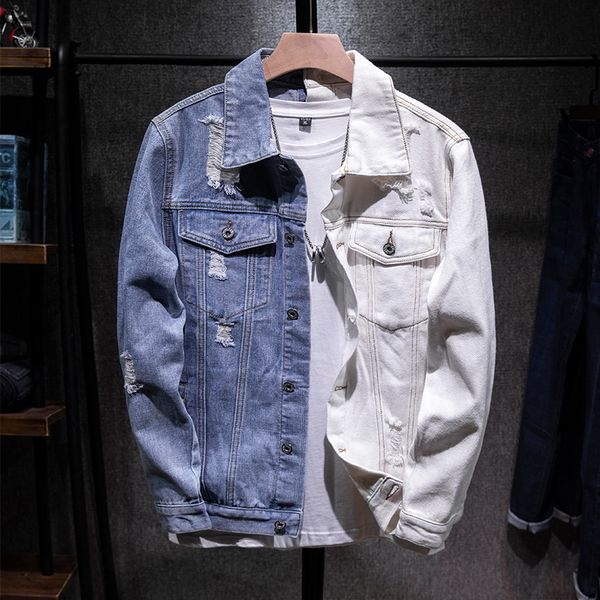 

autumn new denim jacket men fashion contrast color casual hole denim jacket man streetwear hip hop loose bomber m-5xl, Black;brown