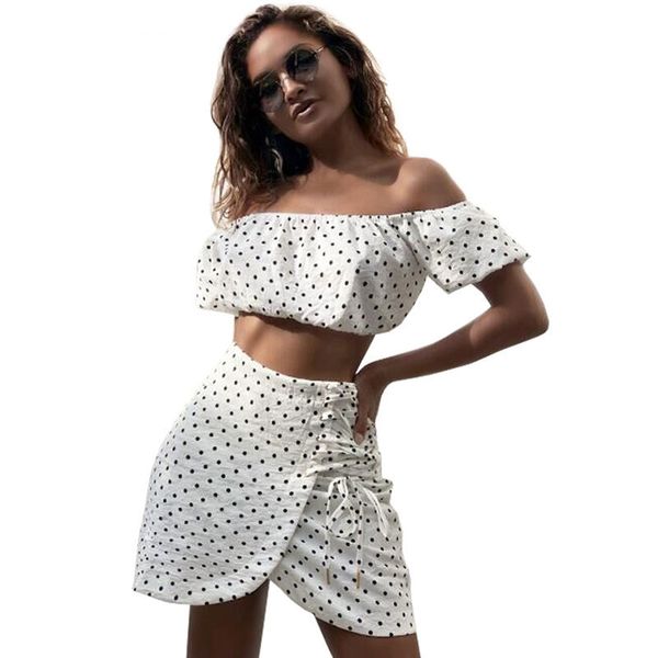 

women 2 piece outfits for women clothes off shoulder polka dot crop and short skirt two piece set summer beach suit, White