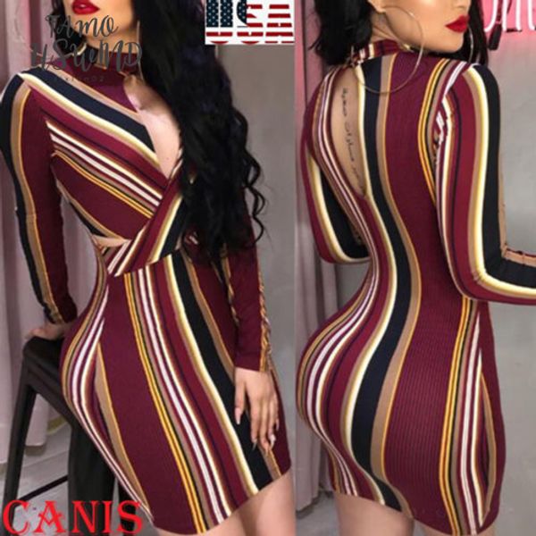 

2020 womens stripe o neck long sleeve bodycon evening party backless short mini dress mix color striped dress, Black;gray