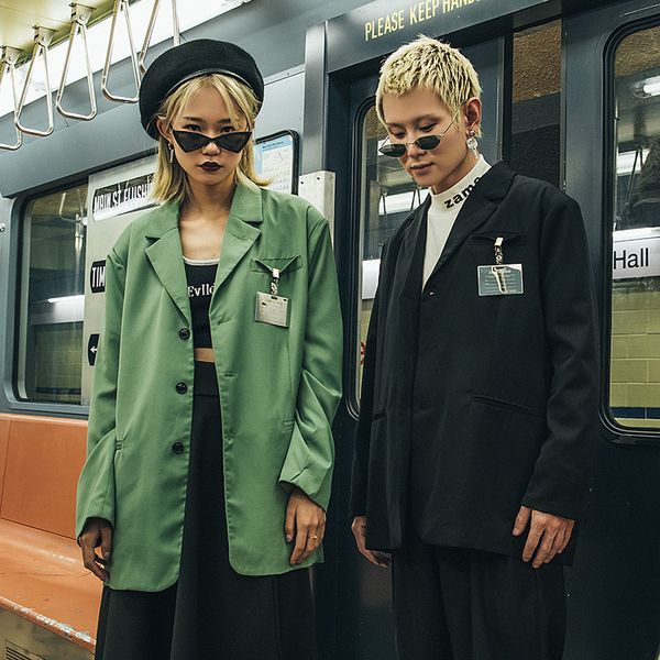 

2019 korean style men blazer and suit jackets black oversized green blazer masculino hip hop hombre, White;black