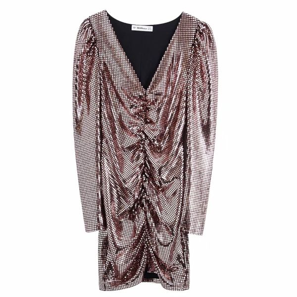 

2020 new women chic puff sleeve vestidos v neck pleated hip package sequins slimming dress female shinning casual dresses ds3117, Black;gray