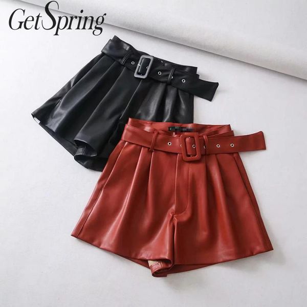 

getspring women shorts black pu leather short wide legs high waisted shorts with belt comfortable mini short orange 2020, White;black