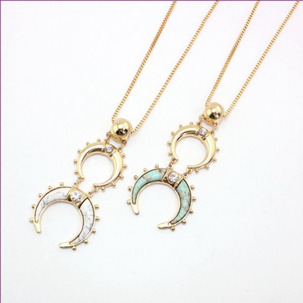 

wholesale 10 pcs gold plated crescent moon green turquoise stone pendant link chain necklace ethnic style jewelry, Silver