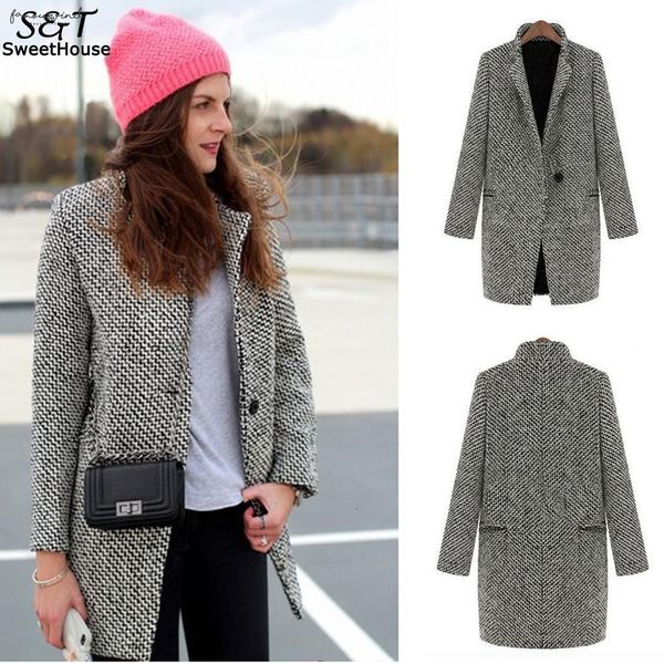 

пальто женщина casual плед манто femme hiver женский v-образным вырезом куртки шерсть пальто манто femme one button с карманом, Black