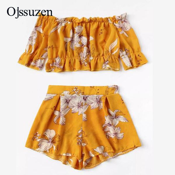 

одежда лета женщин два piece set рассечение шеи оборками с коротким рукавом желтый tops crop печать женщины резинке 2piece set, Gray