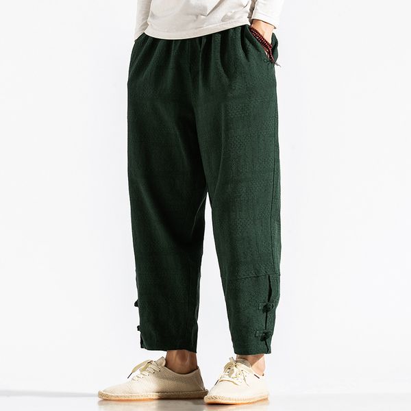 

2020 summer new men's cotton and linen pants chinese-style jacquard dark pattern loose casual trousers plus size 5xl, Black