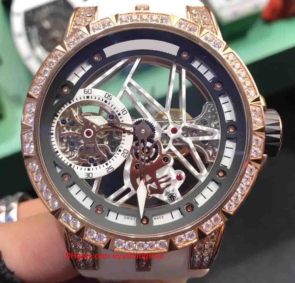 

luxury men's watches,master watch excalibur series, diamond-set case, skeletonized manual mechanical movement, imported rubber strap, Slivery;brown