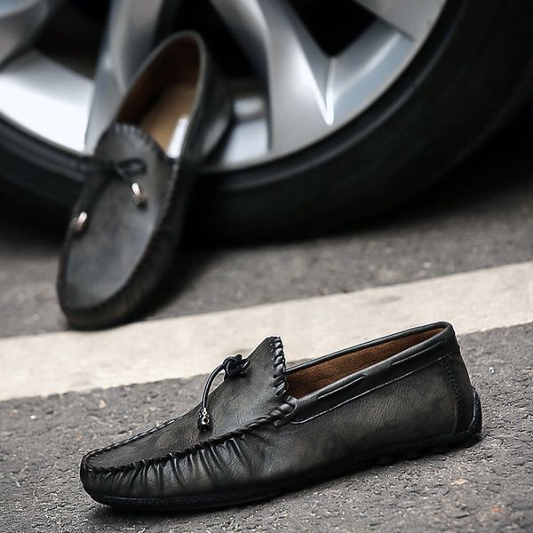 

designer casual slip on driving shoes summer soft leather flat loafers chaussure homme cs07, Black