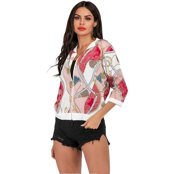 

womens designer season casual geometric printed zipper short coat loose sunscreen jacket womenrtt3, Black;brown