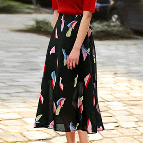 

summer style bohemian long skirt chiffon elegant print casual long streetwear skirts summer style streetwear skirt #0510, Black