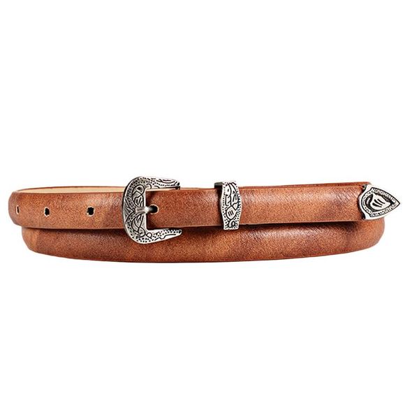

retro carving belt women's trendy leather thin waist belt rivet hollow d shape buckle pin buckle decorative women's gift, Black;brown