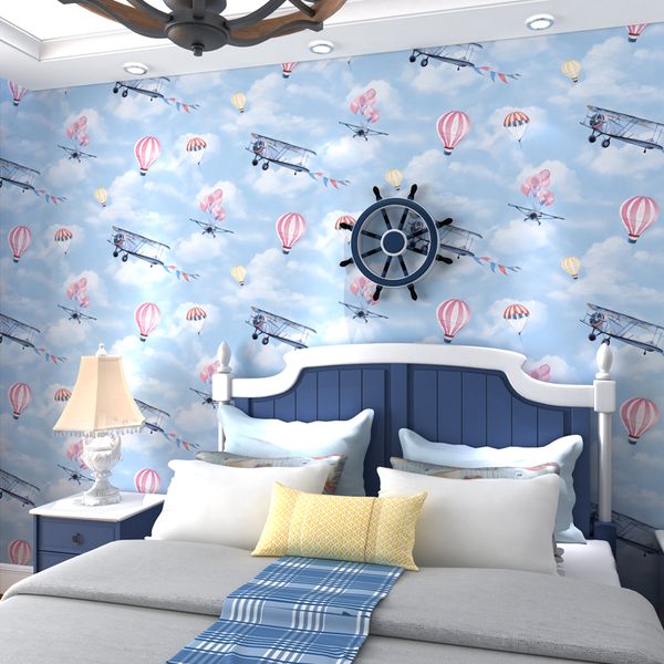 

home wall decoration cartoon plane air balloon blue sky white cloud children room wallpaper boy girl teen bedroom nordic wallpaper