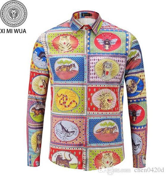 

2018 fall winter collection medusa business casual men's long sleeve shirt lapel flower wave button stripe graffiti fashion style c107, White;black