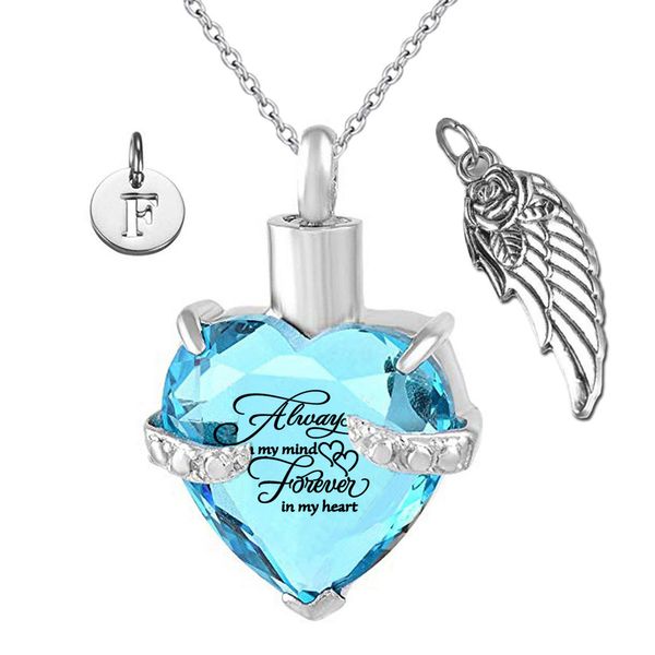 

angel wings and 26 letters pendant memorial ashes urn pendant december birthstone crystal keepsake cremation ashes jewelry, Silver