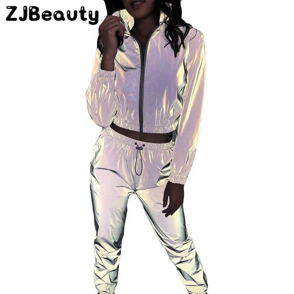 

fashion tracksuit for women casual 2 pieces running sets reflective set long sleeve crop + pants fitness sportswear#g4, Black;blue