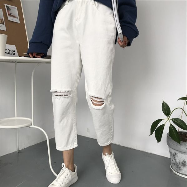 

women's clothing ulzzang zipper button loose hole straight pants black casual style spring summer korean jeans white women new, Blue
