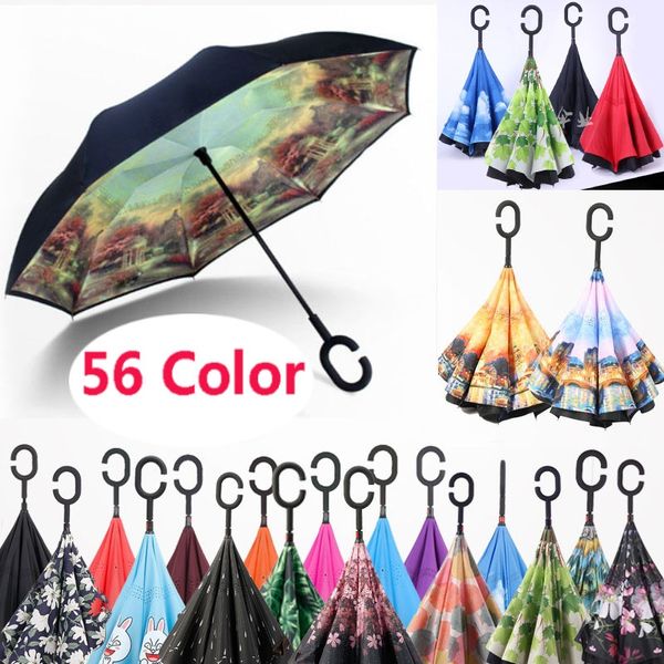 

new folding reverse umbrella double layer c handle umbrellas inverted long handle windproof rain car umbrellas 56styles fa2353