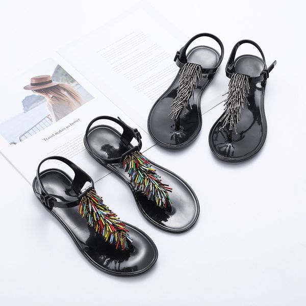 

new net red beaded tbelt clip foot solid color european and american allaround comfortable flat sandals fairy shoes fashion foreign trade, Black