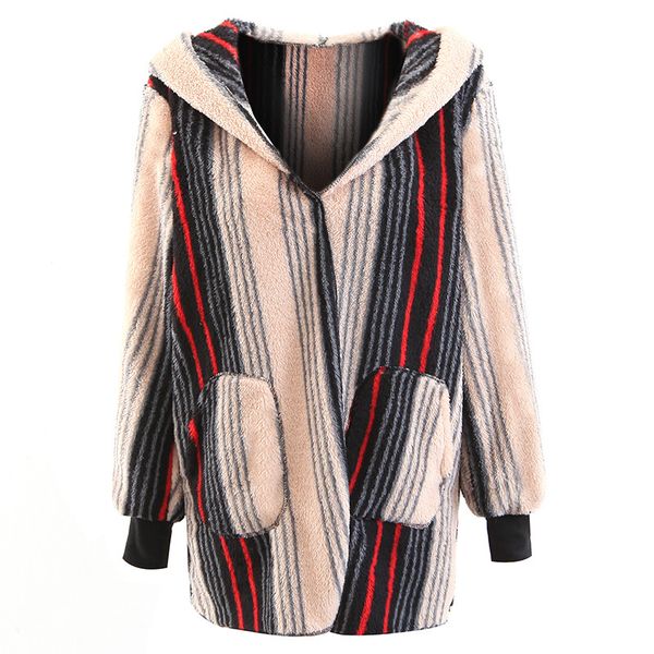 

plus size fleece faux shearling fur jacket coat women autumn winter plush warm thick hooded coat female casual overcoat, Black;brown