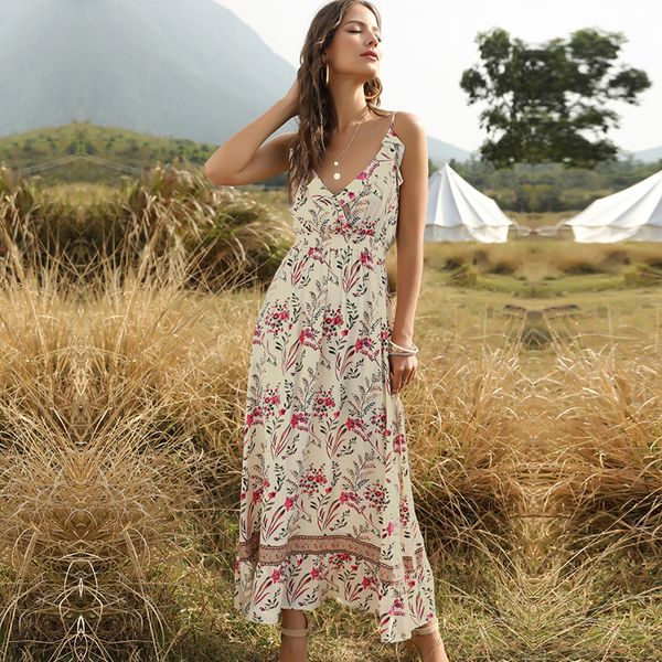

boho women summer dress floral print v neck spaghetti strap sleeveless high waist backless ruffle maxi beach one-piece dress, Black;gray