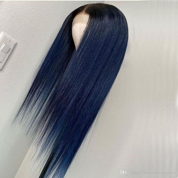

360 lace frontal wig straight 1b/blue ombre human hair 13x6 lace wigs preplucked hairline straight blue hair full lace wigs, Black