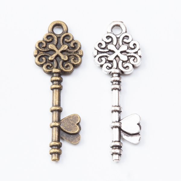 

100pcs 34*11mm vintage silver decorative key charms antique bronze metal alloy key pendants for bracelet earring diy jewelry, Bronze;silver