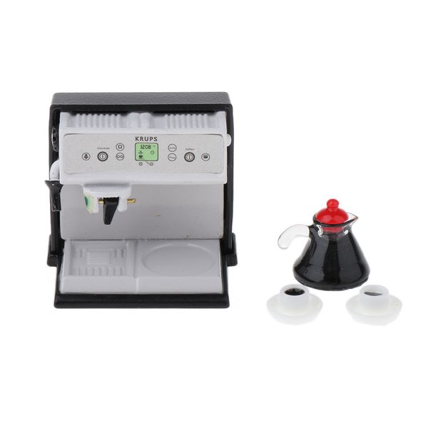 

1/12 scale coffee maker machine with kettle cups set kitchen utensils for dollhouse life scenes decor, kids pretend play toy