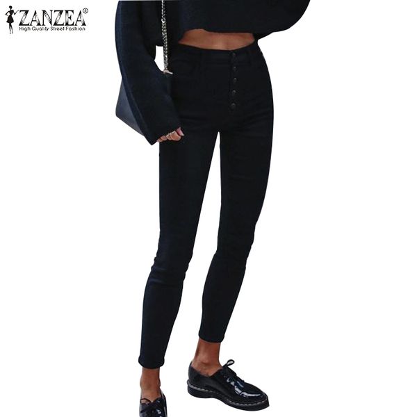 

women high waist pants zanzea 2020 fashion ladies casual solid buttons trousers elastic harem bottoms long pantalones streetwear, Black;white