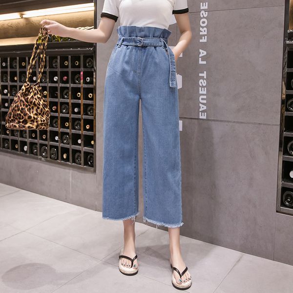 

women jeans denim pants 2019 spring summer fashion female vintage loose casual elastic waist jeans demin wide leg pant trousers, Blue