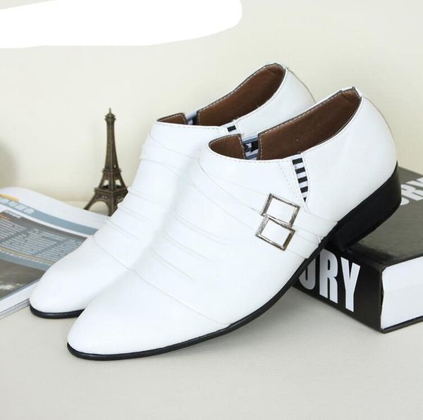 

new white pointed toe buckle strap men's leather shoes soft leather men dress shoes for male wedding oxford flat shoes, Black