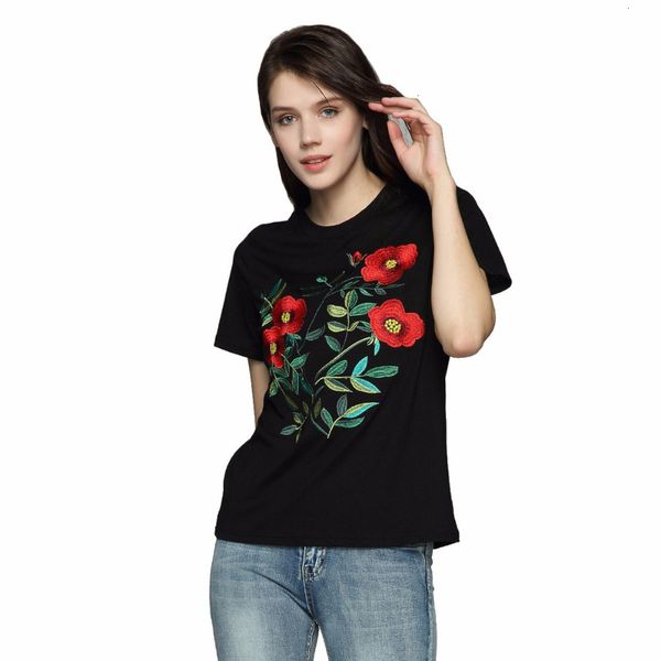 

tee shirt femme womens designer sweet floral embroidery o neck short sleeve black tees ladies summer brand camisetas dt1179, White