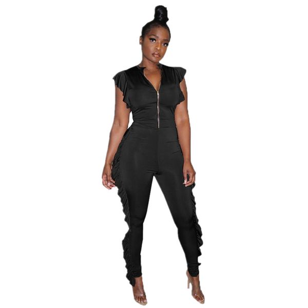 

joiekuno solid v neck zipper fashion jumpsuits women 2019 summer frill bodycon party long romerps lady lds3130, White