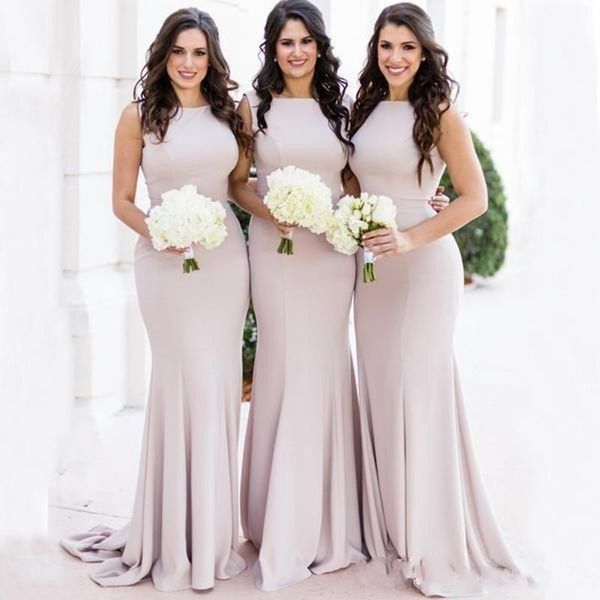 

2020 new simple mermaid bridesmaid dresses jewel neck sleeveless zipper back plus size country style maid of honor wedding guest dress, White;pink