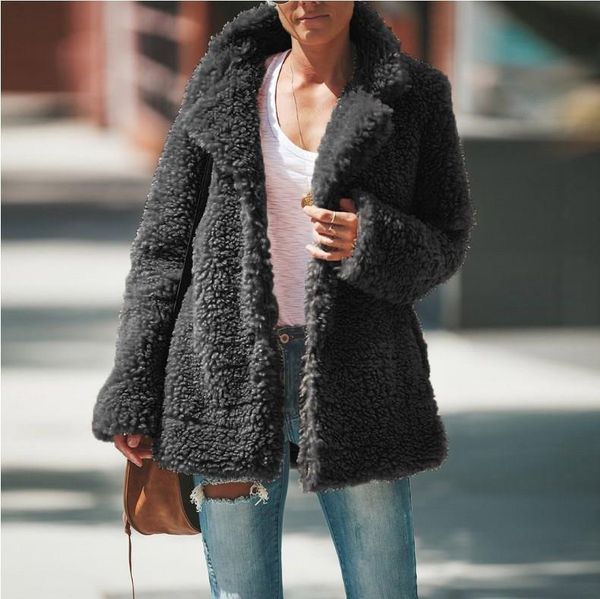 

2019 new women turn-down collar solid jacket casual autumn vintage long sleeve coat hooded coat faux fur loose outwear, Black