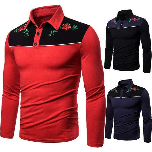 

floral embroidery mens designer polo fashion england style long sleeve contrast color lapel neck polo spring mens, White;black