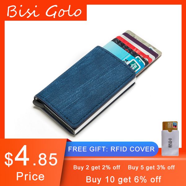 

bisi goro anti-theft clutch single box men women wallet 2020 new rfid blocking card holder denim business -up metal id case, Red;black