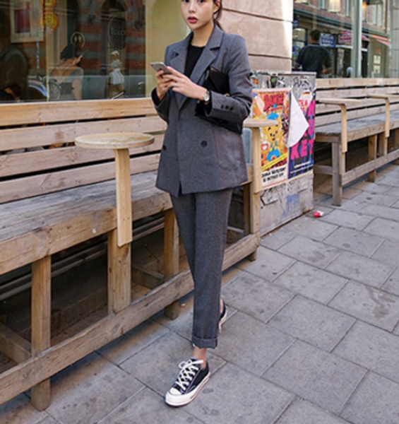 

two piece dress fashion business pant suits uniform formal double breasted jacket and long black blazer set women 2 pieces, White