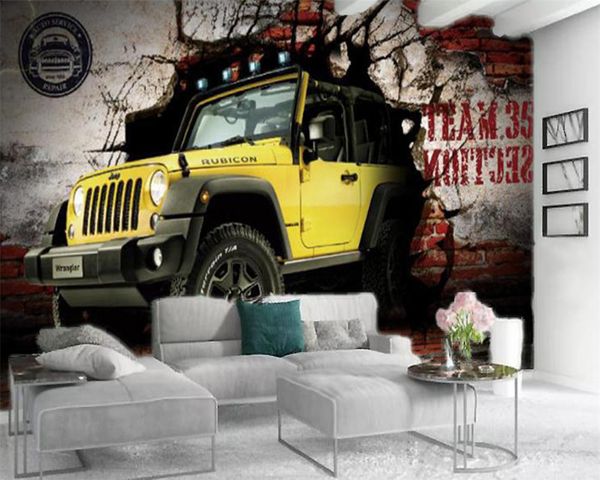 

3d обои желтый джип coming через стену home decor гостиная спальня wallcovering hd обои