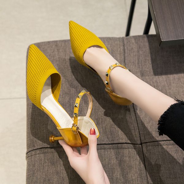 

pointed sandals female summer wild fashion rivet word buckle stiletto high heels female sense stiletto single shoes female, Black