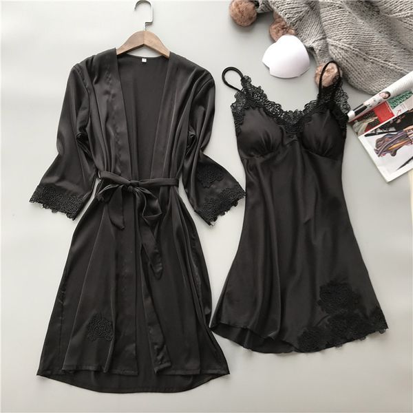 Nightdress Womens Sleepwear Sets para Mulheres Sexy Lingerie Lace Silk Spandex Nightwear Casual Robe Dress Set on Ladies 2pcs Plus Size